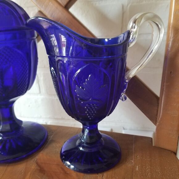 Imperial Glass Grape and Magnet Cobalt Large Creamer W/ Lid Sugar Bowl URANIUM - Picture 2 of 7